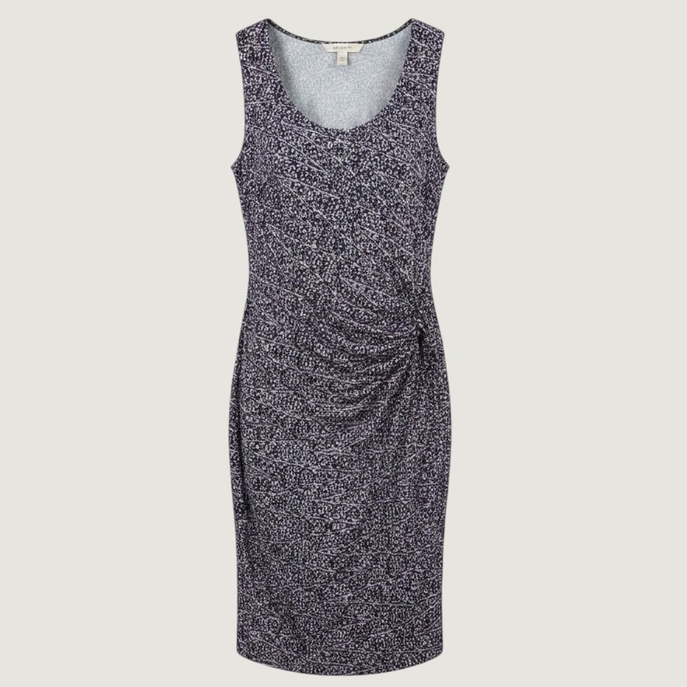 ZOZO Midi Dress Women's Medium Purple Geometric Abstract Print Ruched Mesh Lined